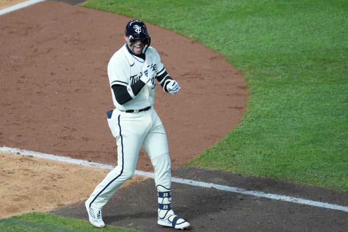 Oct 11, 2023; Minneapolis, Minnesota, USA; Minnesota Twins third baseman Royce Lewis (23) walks in the in the sixth inning against the Houston Astros during game four of the ALDS for the 2023 MLB playoffs at Target Field.